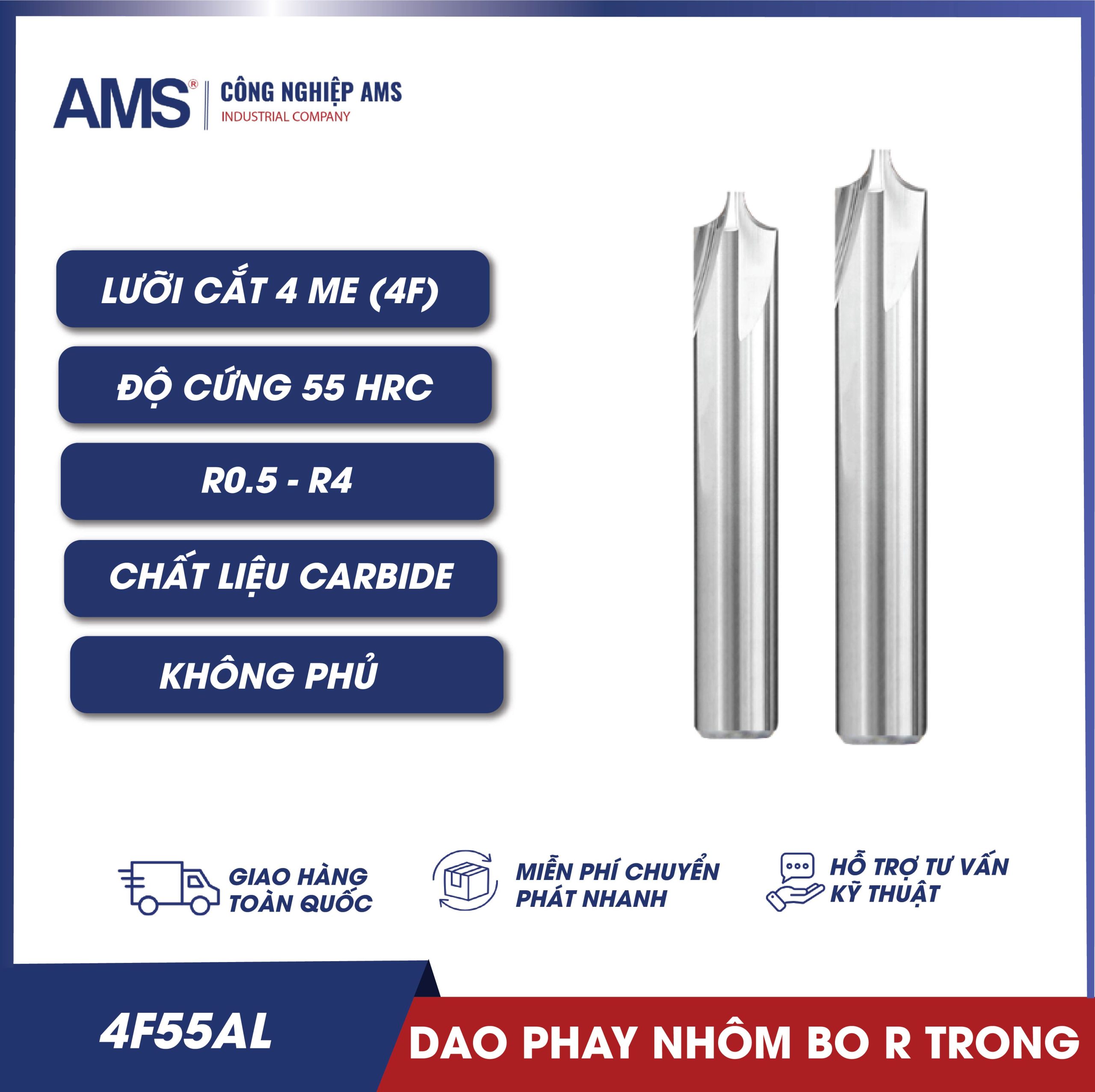 Dao phay ngón trụ cổ dài chuyên nhôm 2F, 3F, 4F 55HRC
